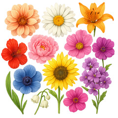 Set of colorful flowers on a white background