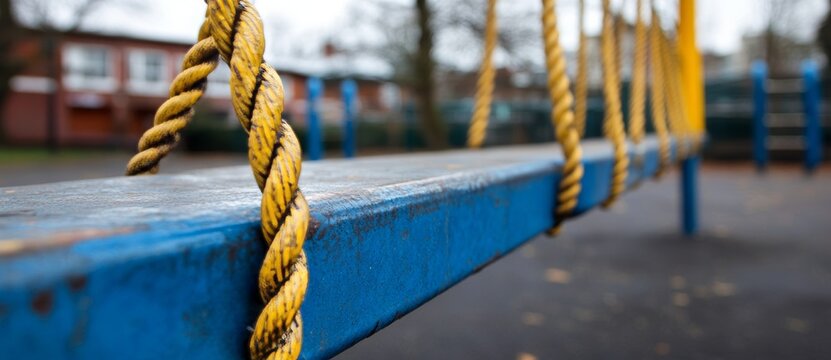Yellow clips were used to secure steel cables set against a park backdrop