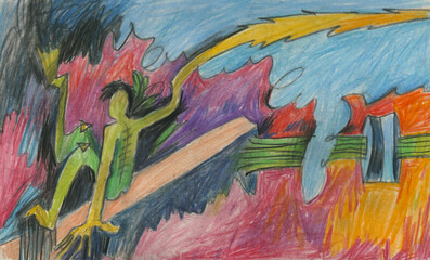 Expressive hand-drawn surreal illustration of a green humanoid creature on dynamic abstract background. Colored pencil drawing with intense emotion and vivid fantasy atmosphere.