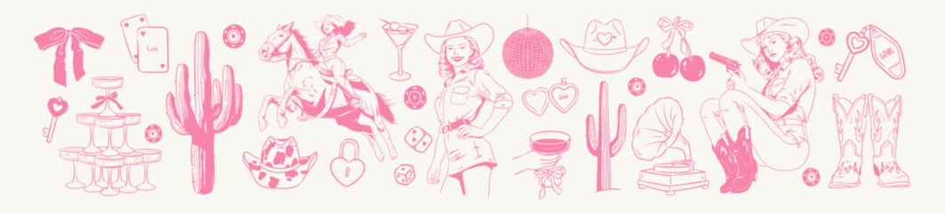Cowgirl Disco Pink Collection. Cowboy hat, boots, horse, cactus, dice, disco ball, casino party illustration. Girly doodle set with western and Vegas party elements. Hand drawn drawing for bachelorett