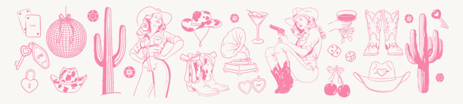 Cowgirl disco pink collection. Hand drawn doodle set with western and Vegas party elements. Cowboy hat, boots, cherry, cactus, dice, disco ball, casino party illustration for bachelorette parties.