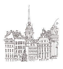 Travel sketch of Stockholm, Sweden. Historical building line art. Hand drawn travel postcard. Hand drawing of swedish houses in Stockholm. Urban sketch in black color isolated on white background.