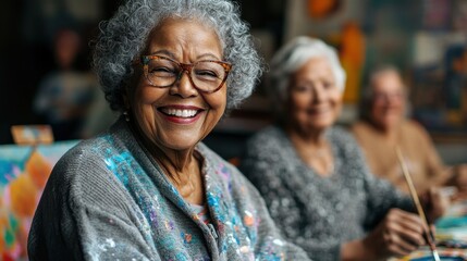 Senior art enthusiasts engage in a lively painting class at a community center, expressing creativity and joy among friends in a bright, welcoming environment