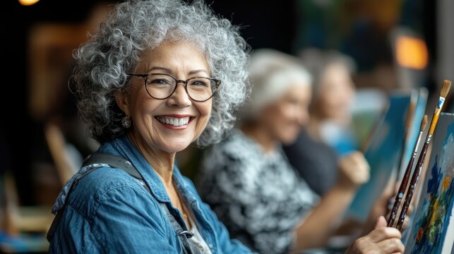 Senior art enthusiasts engage in a lively painting class at a community center, expressing creativity and joy among friends in a bright, welcoming environment