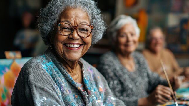 Senior art enthusiasts engage in a lively painting class at a community center, expressing creativity and joy among friends in a bright, welcoming environment