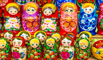 Colorful Russian nesting dolls at the market.
