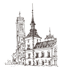 Travel sketch illustration of Palace of the Holy Cross in Madrid, Spain, Europe. Line art drawing, ink pen on paper. Hand drawn travel postcard. Urban sketch, black color isolated on white background