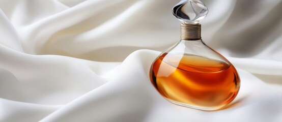 A perfume bottle is set against a fabric backdrop, lit by natural light, and complemented by a subtle, out-of-focus background, making it suitable for promotional materials like ads, catalogs, or