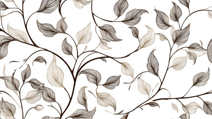 Detailed line art of leaves and branches on a white background creating a seamless pattern design