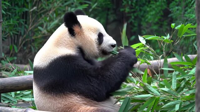 Giant Panda Eating Bamboo Leaves in a Lush Green Forest with Black and White Fur Relaxing During Daytime Natural Habitat