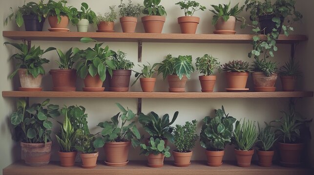 Array of potted plants adorning shelves.