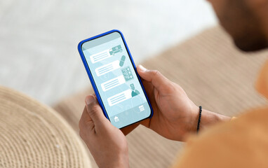Medical App. Unrecognizable Man Browsing Telemedicine Application On Smartphone While Relaxing At Home, Young Male Getting Online Medical Consultation, Creative Collage For Telehealth Services