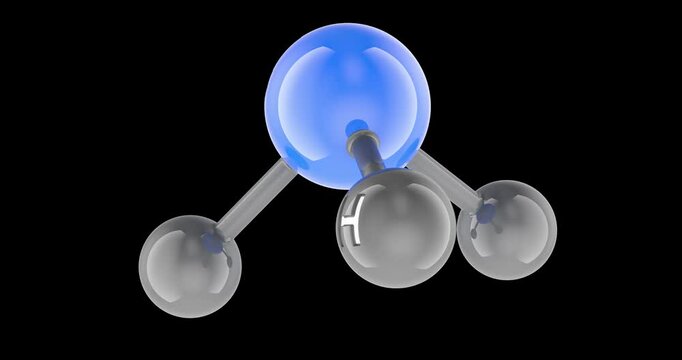 Ammonia NH3 Molecule. 3D Rotating Animation, Seamless Loop. 3D rendering isolated on transparent background