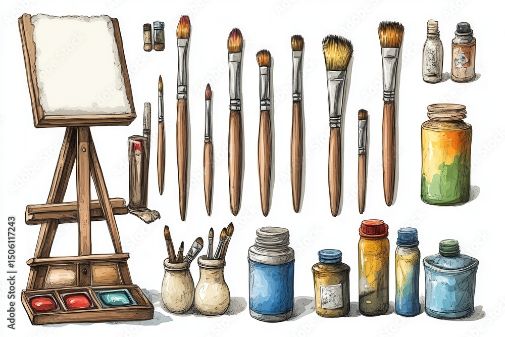 Poster art supplies laid out on a table with various brushes, paints, and easels, creating a vibrant and cr
