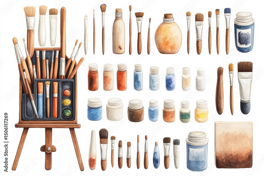 Poster art supplies laid out on a table with various brushes, paints, and easels, creating a vibrant and cr
