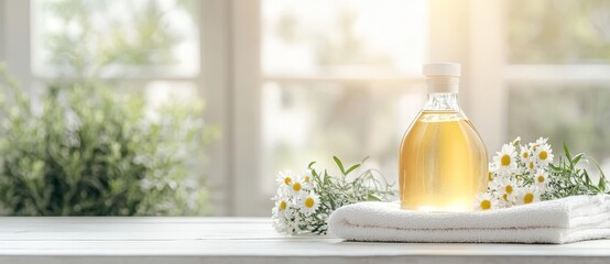 The bathroom spray bottle is sunlit, surrounded by chamomile flowers and towels