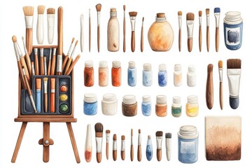 Art supplies laid out on a table with various brushes, paints, and easels, creating a vibrant and creative atmosphere in a studio setting