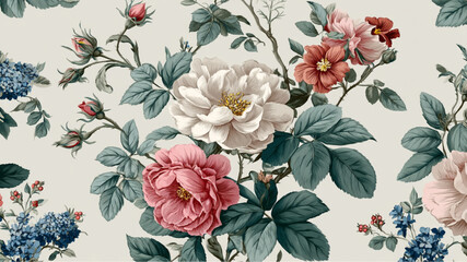 Seamless floral pattern with roses hydrangeas and leaves on a light colored background design element
