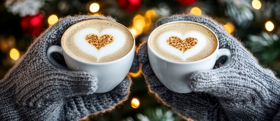 In a cafe, two hands are clasped around cups featuring heart-shaped latte art coffee