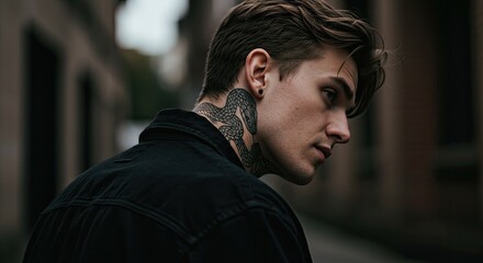 Fototapeta premium Profile portrait of a young man with a neck tattoo looking away in an urban setting with neutral color palette and soft lighting.