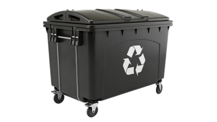 Black recycling bin with wheels and lid on transparent background