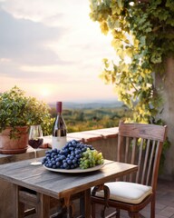 Tuscany evening terrace with bottle of wine, grapes on plate, wooden chair and vineyard sunset view