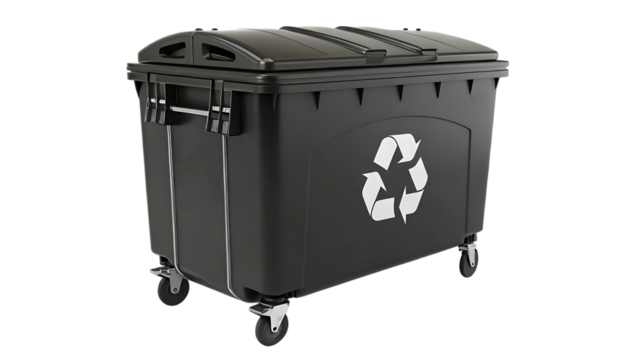 Black recycling bin with wheels and lid on transparent background