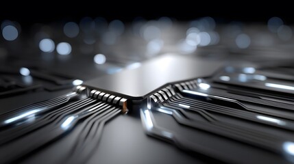 Close-up of a metallic circuit board with a central processor chip