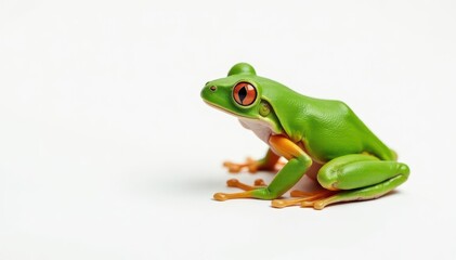 Obraz premium Green tree frog perched on white, vibrant skin, wildlife, isolated, single frog