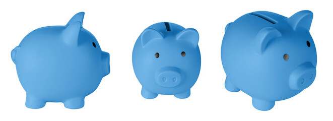 Set Piggy bank pig blue color on isolated white background close up