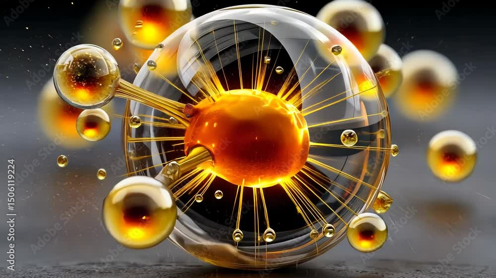 Poster abstract glowing energy sphere with red and golden particles inside a transparent orb, symbolizing p