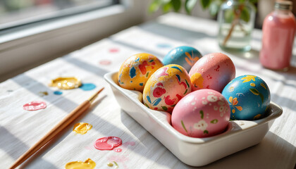 Decoratively painted Easter eggs sit in a dish on a bright table, surrounded by art supplies and splashes of paint
