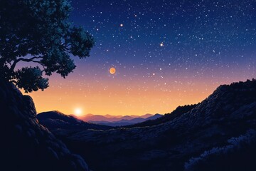 Naklejka premium Mountain sunrise, starry night