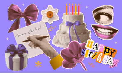 Birthday celebration halftone collage collection. Set of torn out hands writing greetings, cake with candles, gift box and flowers. Piece of paper with the inscription. vector