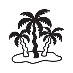 Tropical Palm Trees on Island Black and White Illustration