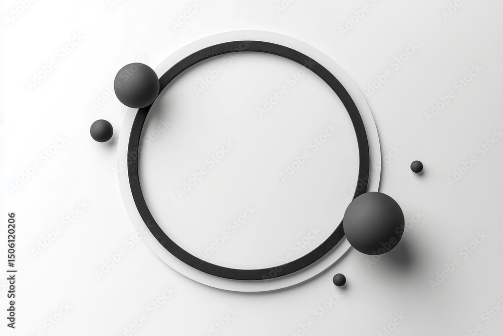 Poster black spheres and rings arranged on a white surface creating a minimalist abstract design suitable f