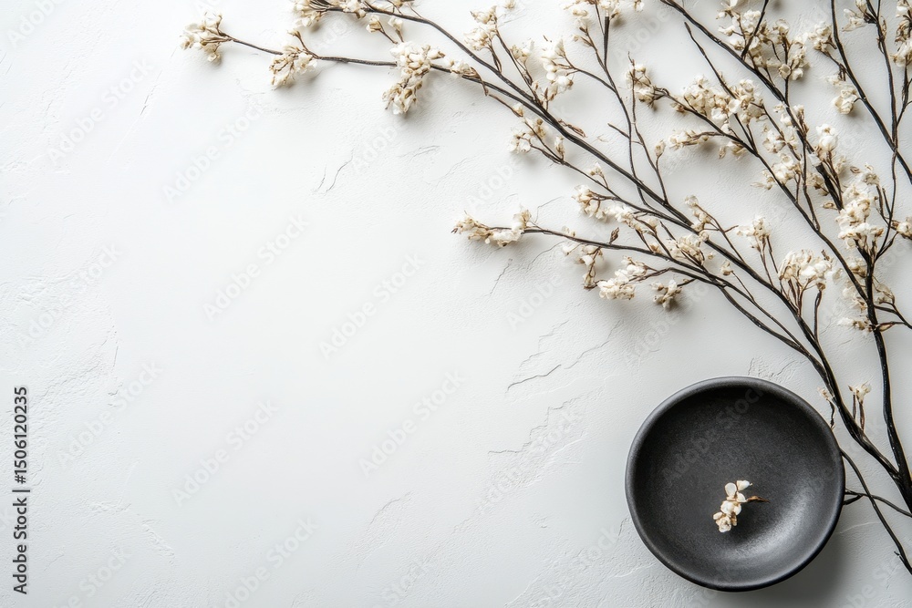Poster black spheres and rings arranged on a white surface creating a minimalist abstract design suitable f