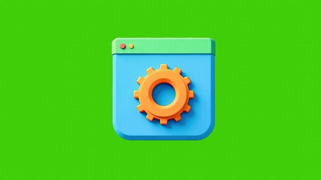 Colorful blue browser window with orange gear icon in a minimal style on green background, symbolizing web settings or technical configuration