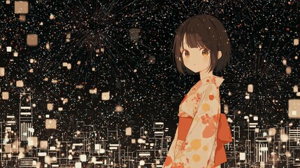 Fireworks and a girl in a yukata