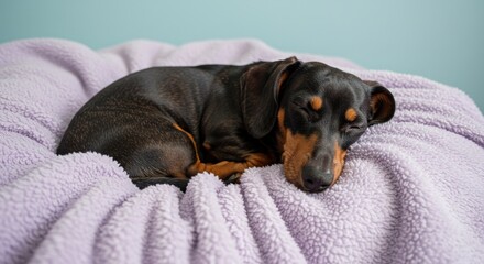 A resting black and brown dog is curled up on a soft purple blanket against a light blue background. The dog appears relaxed and comfortable.