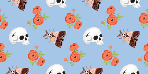 Magic seamless pattern with human skull, moth Death's Head and flowers. Brown, red, green, white colors on blue background. Vector design with mystic symbols. Endless wallpaper, textile, cover.