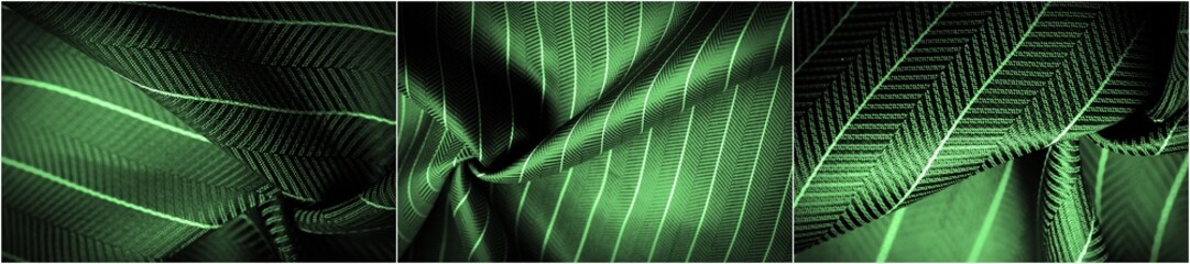 Saturated dark green fabric with a delicate white stripe. The design uses textured patterns and...
