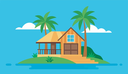 tropical island and beach house color vector illustration 