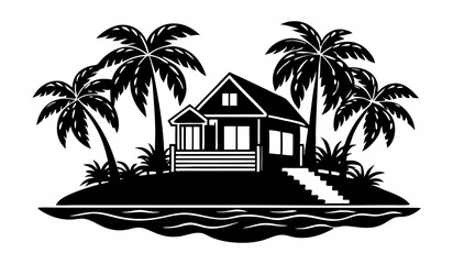 Obraz premium tropical island and beach house line art silhouette vector illustration on white or transparent PNG background 