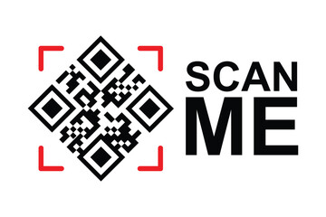 Centered black and white QR code with bold red framing squares. "SCAN ME" in modern sans-serif font below on clean white background. High-contrast, minimalist design for easy scanning functionality.