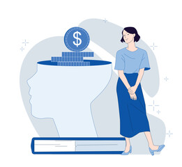 Woman standing next to a large human head silhouette with coins inside, minimal flat style, white background, symbolizing financial literacy and knowledge. Vector illustration