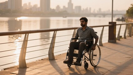 Naklejka premium Man in Wheelchair at Riverbank