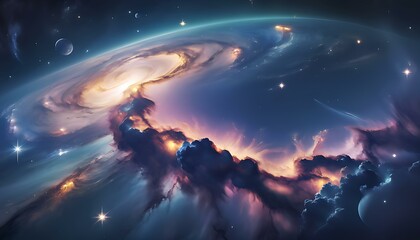 Naklejka premium A chaotic cosmic nebula bursting with swirling clouds of vibrant gases in pinks, blues, and golds, dotted with sparkling stars and distant planets partially obscured by cosmic dust