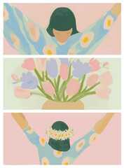 Asian Japanese woman, dancing girl, blank copyspace flyer card web, pink flowers, vintage painting with flowers, bohemian boho floral feminine purple lilac gouache acrylic art vector