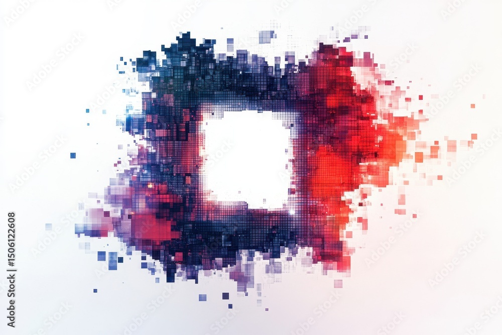 Poster colorful abstract digital art composition featuring a square shape with vibrant splashes and pixelat
